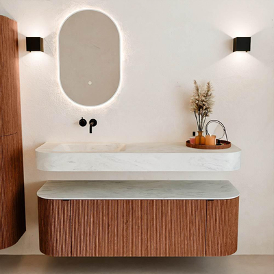 MONDIAZ THOR-DLUX 140cm meuble de salle de bains arrondi gauche + droite couleur Ruby avec 1 tiroir et 2 portes. Vasque suspendue CLOUD Gauche sans trou de robinet couleur Opalo.