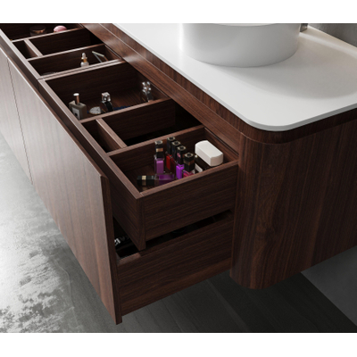 Royal Plaza Terra Ensemble meuble de salle de bains - 140x47x46cm - vasque en céramique blanc brillant - 2 vasques - sans trous de robinet - 4 tiroirs - châtaignier (noyer)