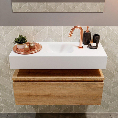 MONDIAZ ANDOR Meuble WC - 80x30x30cm - 1 trou de robinet - 1 tiroir - chêne blanchi mat - vasque centrale - Solid surface - Blanc