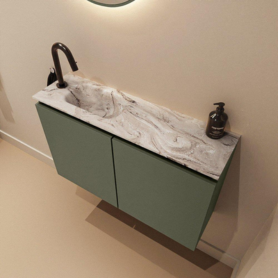 MONDIAZ TURE-DLUX Meuble de toilettes 80 cm Army. Lavabo EDEN Glace position gauche. Avec 1 trou de robinet.