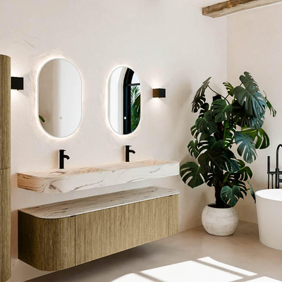 MONDIAZ THOR-DLUX 160cm meuble de salle de bains arrondi gauche + droite couleur Dusk avec 1 tiroir et 2 portes. Vasque suspendue CLOUD Double 2 trous de robinet couleur Nata.