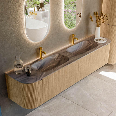 MONDIAZ KURVE-DLUX 200cm meuble de salle de bains arrondi gauche + droite couleur chêne avec 2 tiroirs et 2 portes. Vasque STOR SMALL double 2 trous de robinet Sombra.