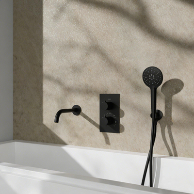 Fortifura Calvi Robinet de baignoire set - bec - 22cm réductible - corps lisse - douchette ronde - partie encastrable - support mural - noir mat