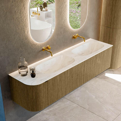 Mondiaz KURVE-DLUX Ensemble meuble de salle de bains - 175x46x40cm - 2 tiroirs - 1 porte - vasque solid surface - double / droite - sans trou de robinet - Dusk