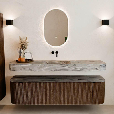 MONDIAZ THOR-DLUX 170cm badmeubel ronding links + rechts kleur Walnut met 1 lade en 2 deuren. Vrijhangende wastafel CLOUD Midden zonder kraangat kleur Sombra.