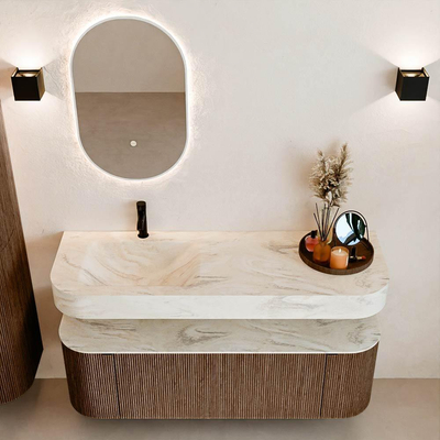 MONDIAZ THOR-DLUX Meuble de salle de bains 140cm arrondi gauche + droite couleur Walnut avec 1 tiroir et 2 portes. Vasque suspendue CLOUD Gauche 1 trou de robinet couleur Ostra.