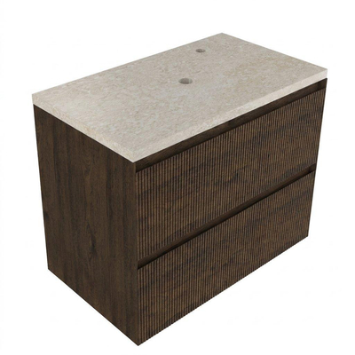 Saniclass Holz Atelier Ensemble meuble de salle de bains - 80x45x63cm - Plan de travail en pierre naturelle travertin - 1 trou de robinetterie - 2 tiroirs - chêne charcoal mat (bois)