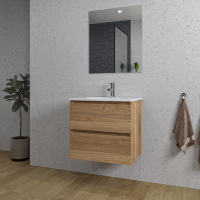 Saniclass Chaci Ensemble meuble de salle de bains - 60x46x55cm - lavabo en céramique blanc - 1 vasque ovale - 1 trou de robinet - 2 tiroirs - miroir rectangulaire - chêne