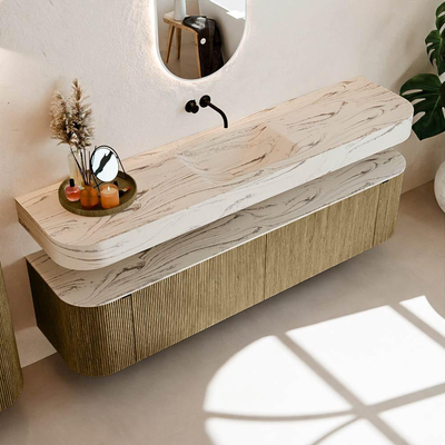 MONDIAZ THOR-DLUX Meuble de salle de bains 190cm arrondi gauche + droite couleur Dusk avec 2 tiroirs et 2 portes. Vasque suspendue CLOUD Milieu sans trou de robinet couleur Nata.