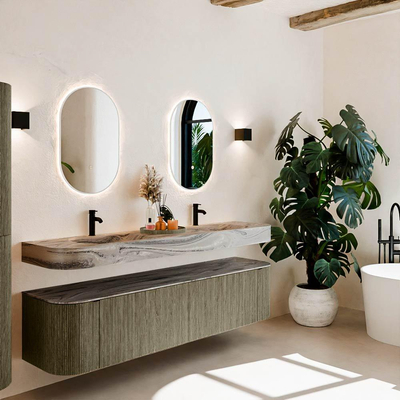 MONDIAZ THOR-DLUX Meuble de salle de bains 190cm arrondi gauche + droite couleur Shadow avec 2 tiroirs et 2 portes. Vasque suspendue CLOUD Double 2 trous de robinet couleur Sombra.