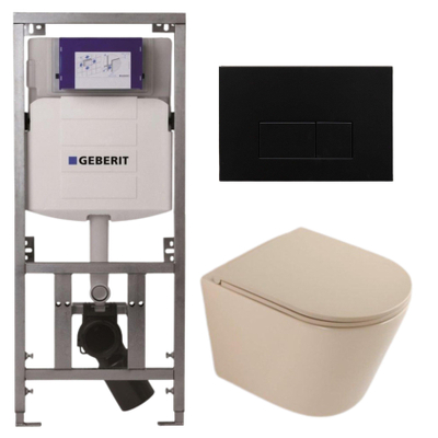 QeramiQ Dely Pack WC - 36,3x51,7cm - à fond creux - sans bride - réservoir encastré Geberit UP320 - abattant WC à fermeture douce - plaque de déclenchement en métal noir mat - boutons rectangulaires - beige mat