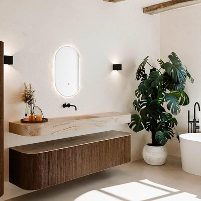 MONDIAZ THOR-DLUX 180cm meuble de salle de bains arrondi gauche + droite couleur Walnut avec 2 tiroirs et 2 portes. Vasque suspendue CLOUD Milieu sans trou de robinet couleur Arena.