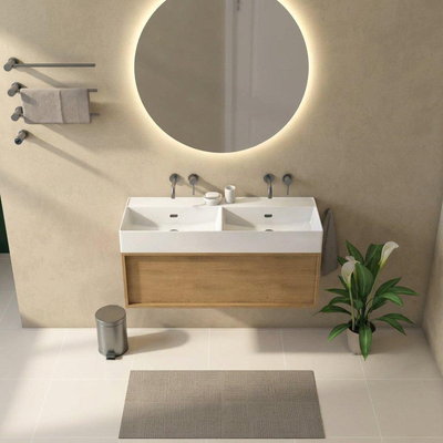 Saniclass Holz Frame Ensemble de meubles de salle de bains - 120x45x52cm - Legend lavabo en céramique blanc - 2 vasques - sans trous de robinetterie - 1 tiroir - chêne natural mat (bois)