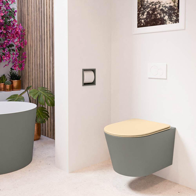 Mondiaz LAVIE hangtoilet – spoelrandloos – 36 x 53 cm – met softclose zitting – Smoke (lichtbruin), zitting Sand (beige)