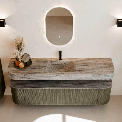 MONDIAZ THOR-DLUX Meuble de salle de bains - 180cm - arrondi gauche + droite - couleur Shadow - 2 tiroirs - 2 portes - Vasque suspendue CLOUD Milieu 1 trou de robinet couleur Oza