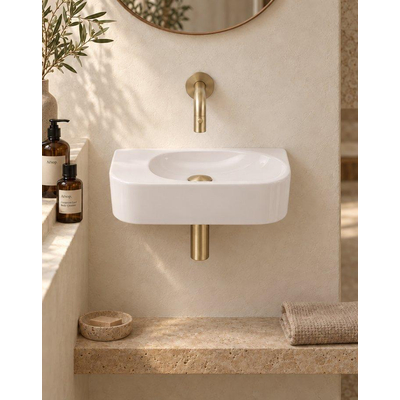QeramiQ Fuente pack lave-mains – demi-rond – 40 x 22 x 12 cm – céramique lin – sans perçage – robinet doré brossé