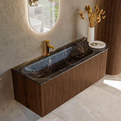MONDIAZ KURVE-DLUX 125cm badmeubel met module 25 R kleur Walnut met 1 lade en 1 deur. Wastafel BIG MEDIUM links 1 kraangat kleur Lava.