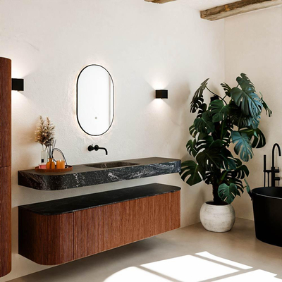 MONDIAZ THOR-DLUX 170cm meuble de salle de bains arrondi gauche + droite couleur Ruby avec 1 tiroir et 2 portes. Vasque suspendue CLOUD Milieu sans trou de robinet couleur Lava.