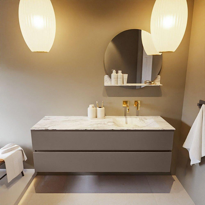 Mondiaz VICA-DLUX Ensemble de meuble de salle de bain - 150cm - meuble sous-vasque fumée - 2 tiroirs - lavabo encastré nuage droite - sans trous de robinet - version haute 60cm - glace