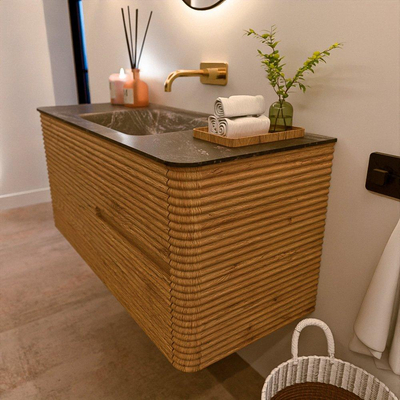 Mondiaz CIRO-DLUX Badkamermeubelset - 110x45x50cm - Solid surface wastafel Lava - 1 wasbak Midden - zonder kraangaten - 2 lades - Oak