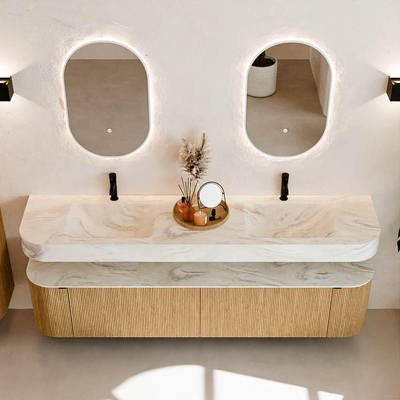 MONDIAZ THOR-DLUX 200cm meuble de salle de bains arrondi gauche + droite couleur Oak avec 2 tiroirs et 2 portes. Vasque suspendue CLOUD Double 2 trous de robinet couleur Ostra.