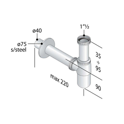 Nemo Skill Siphon pour lavabo avec tuyau d'évacuation 25cm 5/4"xD32 mm sans bonde chrome
