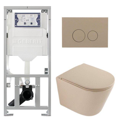 QeramiQ Dely Pack WC - 36,3x51,7cm - à fond creux - sans bride - réservoir encastré Geberit UP320 - abattant WC à fermeture douce - plaque de déclenchement taupe - boutons ronds - mat beige