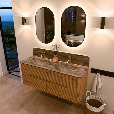 Mondiaz CIRO-DLUX Meuble de salle de bains - 130x45x50cm - Plan-vasque solid surface Sombra - 2 vasques double - 2 trous de robinet - 4 tiroirs - Chêne