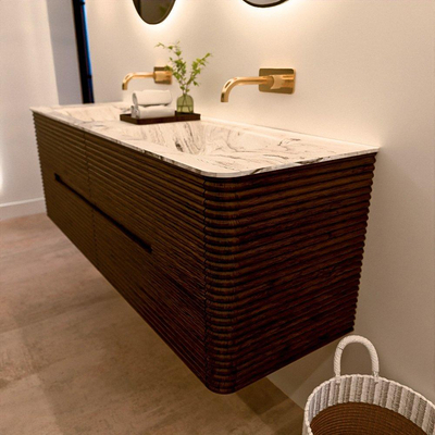 Mondiaz CIRO-DLUX Meuble de salle de bains - 150x45x50cm - Plan vasque solid surface Glace - 2 vasques double - sans trous de robinetterie - 4 tiroirs - Noyer