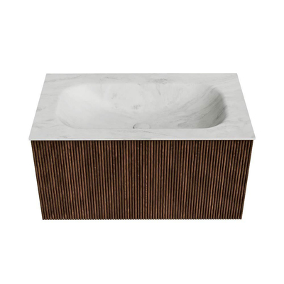 MONDIAZ KURVE-DLUX Meuble de salle de bains 80 cm couleur Walnut avec 1 tiroir. Lavabo BIG SMALL central 1 trou de robinet couleur Opalo.