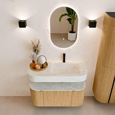 MONDIAZ THOR-DLUX 100cm badmeubel ronding links + rechts kleur Oak met 1 lade en 2 deuren. Vrijhangende wastafel CLOUD Rechts 1 kraangat kleur Opalo.