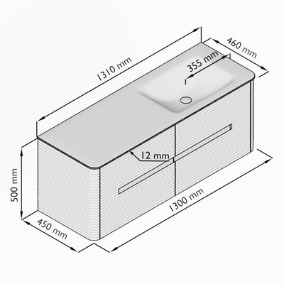 Mondiaz CIRO-DLUX Meuble de salle de bains - 130x45x50cm - Plan vasque solid surface Opalo - 1 vasque à droite - 1 trou de robinet - 4 tiroirs - Chêne