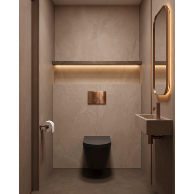 QeramiQ Dely Toiletset - 36.3x51.7cm - diepspoel - rimless - Geberit UP320 inbouwreservoir - met Burda frame - softclose toiletzitting - koperen bedieningsplaat - ronde knoppen - mat zwart