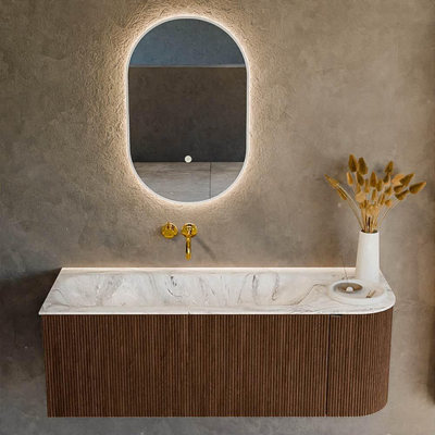 MONDIAZ KURVE-DLUX 125cm badmeubel met module 25 R kleur Walnut met 1 lade en 1 deur. Wastafel BIG MEDIUM links zonder kraangat kleur Glace.