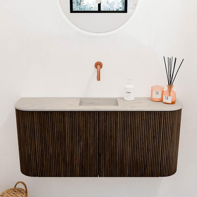 Mondiaz JOYA-DLUX 93.2cm toiletmeubel - ronding links en rechts kleur Walnut - Wastafel FAYE positie Midden Zonder kraangat kleur Opalo.