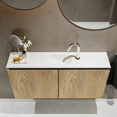 MONDIAZ TURE Toiletmeubel 100x23x50cm met 1 kraangaten 2 deuren washed oak mat Wastafel Eden midden Solid Surface Wit