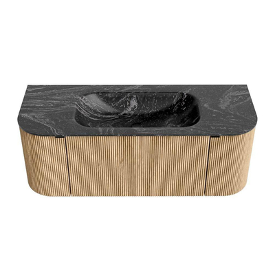 MONDIAZ KURVE-DLUX Meuble de salle de bains 120 cm avec module 25 Len R couleur Oak avec 1 tiroir et 2 portes. Lavabo BIG SMALL au milieu sans trou de robinet couleur Lava.