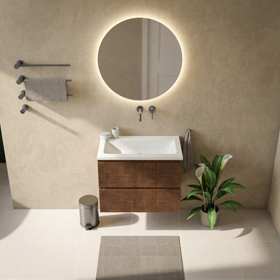 Saniclass Holz Atelier Ensemble meuble de salle de bains - 80x45x77.5cm - lavabo Torino en solid surface blanc - sans trou de robinet - 2 tiroirs - noyer pure mat (bois)