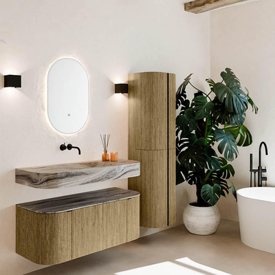 MONDIAZ THOR-DLUX Meuble de salle de bains 110cm arrondi gauche + droite couleur Dusk avec 1 tiroir et 2 portes. Vasque suspendue CLOUD Milieu sans trou de robinet couleur Sombra.