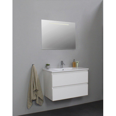 Basic Bella Badkamermeubelset - 80x55x46cm - 1 wasbak - Keramiek - Wit - 1 kraangat - Wandspiegel met verlichting - Spaanplaat Wit hoogglans