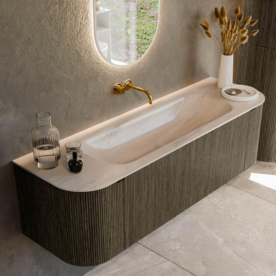 MONDIAZ KURVE-DLUX Meuble de salle de bains 150cm arrondi gauche + droite couleur Shadow avec 1 tiroir et 2 portes. Lavabo BIG MEDIUM Centre sans trou de robinet Meli.