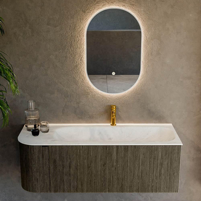 Mondiaz KURVE-DLUX Ensemble de meuble - 125x46x40cm - 1 tiroir - 1 porte - lavabo en solid surface - droite - 1 trou de robinet - Shadow