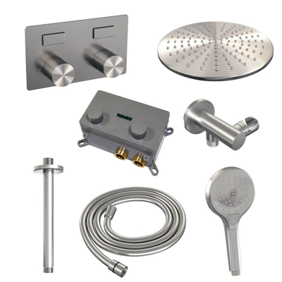 BRAUER Brushed Carving Douche de pluie thermostatique encastrée - boutons-poussoirs - SET 60 - tête de douche 30cm - bras de plafond - douchette 3 jets - flexible de douche - coude d'alimentation mural - inox brossé PVD