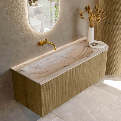 MONDIAZ KURVE-DLUX meuble de salle de bains 125cm arrondi à droite couleur Dusk avec 1 tiroir et 1 porte. Vasque BIG MEDIUM à gauche sans trou de robinet Nata.