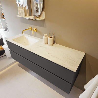 Mondiaz VICA-DLUX ensemble de meuble de salle de bain - 150cm - meuble sous-vasque gris foncé - 2 tiroirs - lavabo encastré cloud gauche - sans trous de robinet - version haute de 60cm - opalo