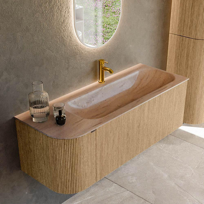 MONDIAZ KURVE-DLUX 125cm badmeubel ronding Links kleur Oak met 1 lade en 1 deur. Wastafel BIG MEDIUM Rechts 1 kraangat Saba.