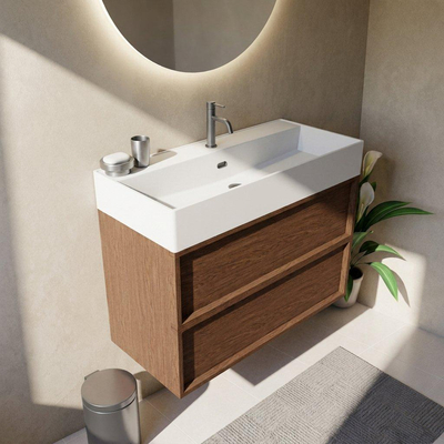 Saniclass Holz Frame Ensemble de meubles de salle de bains - 100x45x72cm - Legend lavabo en céramique blanc mat - 1 vasque - 1 trou de robinet - 2 tiroirs - noyer pur mat (bois)