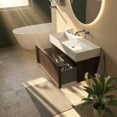Saniclass Holz Frame Ensemble de meubles de salle de bains - 100x45x52cm - Legend lavabo en céramique blanc - 1 vasque - sans trou de robinetterie - 1 tiroir - chêne charcoal mat (bois)