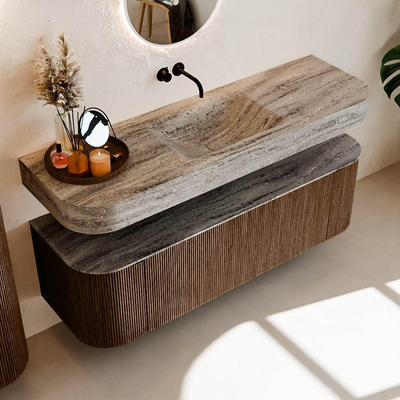 MONDIAZ THOR-DLUX 150cm badmeubel ronding links + rechts kleur Walnut met 1 lade en 2 deuren. Vrijhangende wastafel CLOUD Midden zonder kraangat kleur Oza.