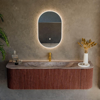 MONDIAZ KURVE-DLUX 160cm badmeubel ronding Links + Rechts kleur Ruby met 1 lade en 2 deuren. Wastafel BIG MEDIUM Midden 1 kraangat Oza.